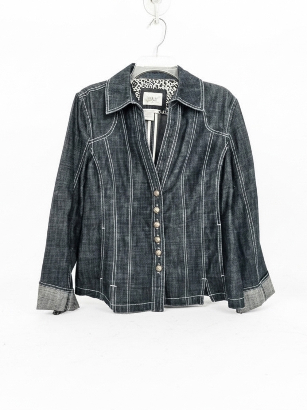 LAL Women’s Dark Wash Denim Button-Front  Double Stitched Shirt Jacket Womens L